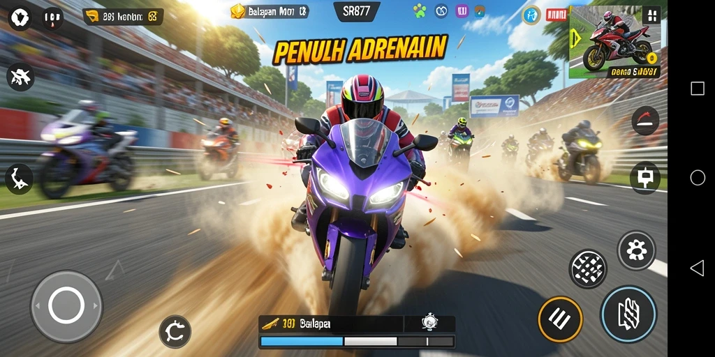 Screenshot utama SR877 menampilkan balapan motor penuh aksi.