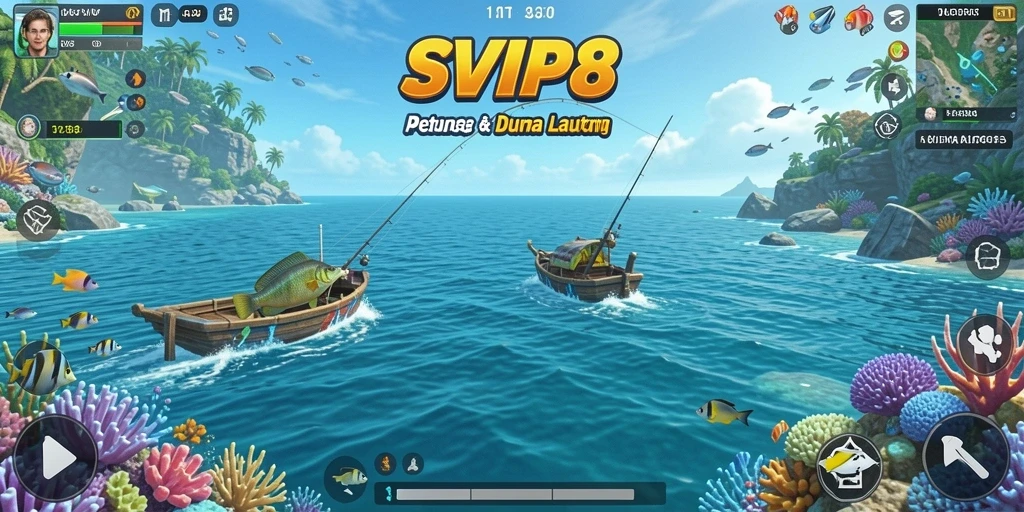 Tampilan gameplay <strong>SVIP8</strong> saat menangkap ikan di lautan yang indah.