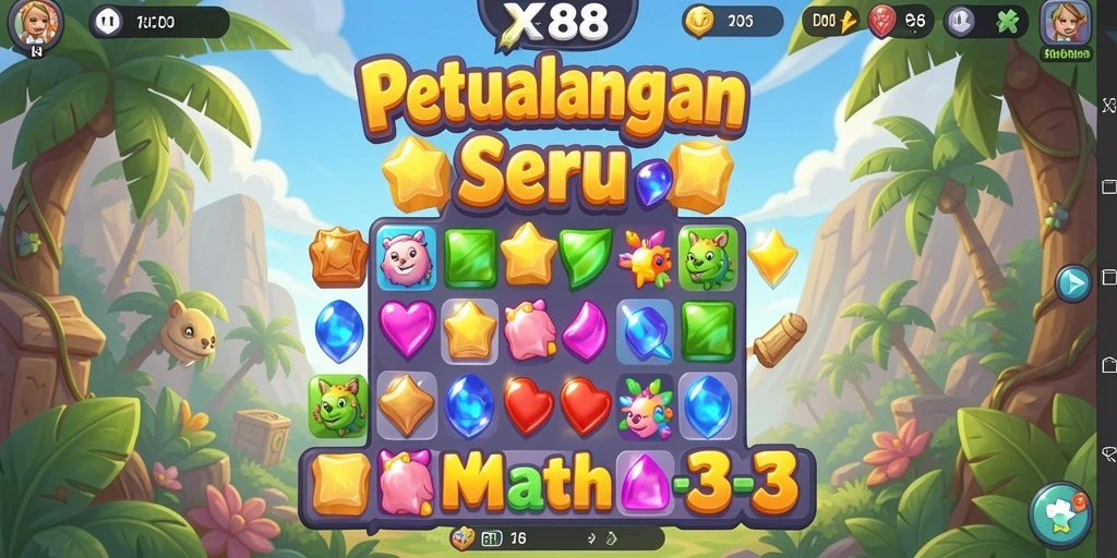 Screenshot menunjukkan gameplay Match-3 yang seru dan penuh warna.